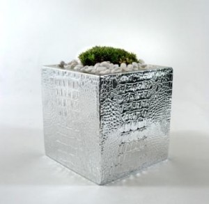 Alligator in metallic silver planter